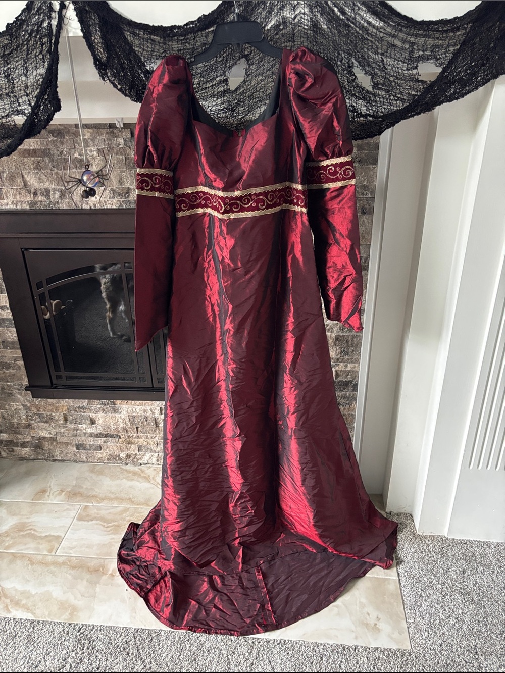 Women's Burgundy Puff-Sleeve Gown with Gold Trim Handmade
